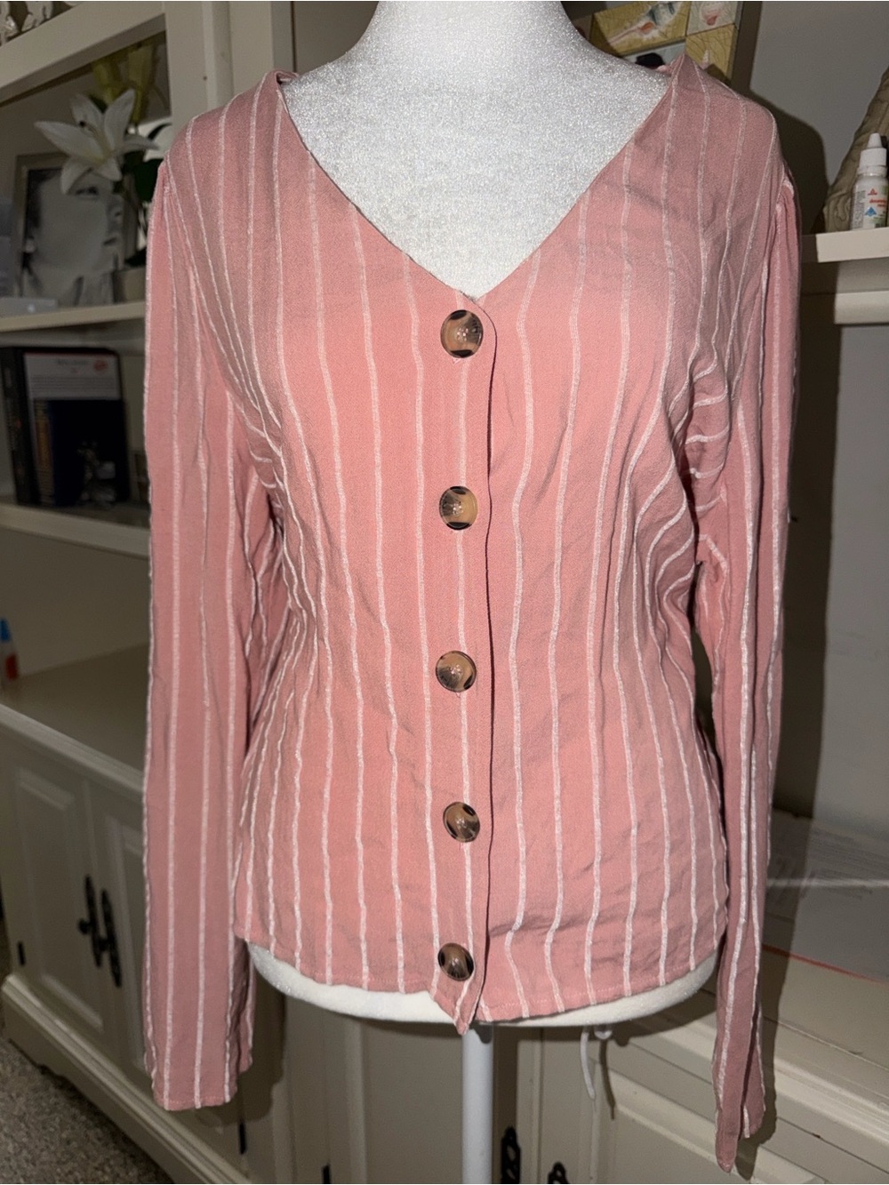 URBAN Romantics Rose Pink Striped V-Neck Button Front Sweater
